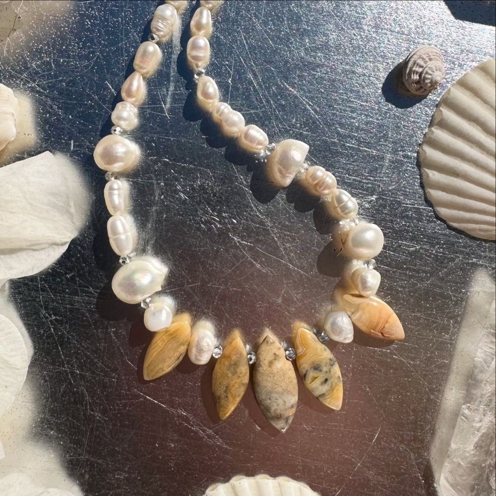 White Pearl & Yellow Jasper Crystal Beaded Necklace OOAK